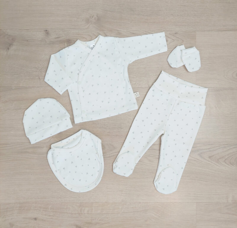 Kretex baby komplet za novorođenče (0-3mj) "Srca" 5/1 - bijeli, K11123